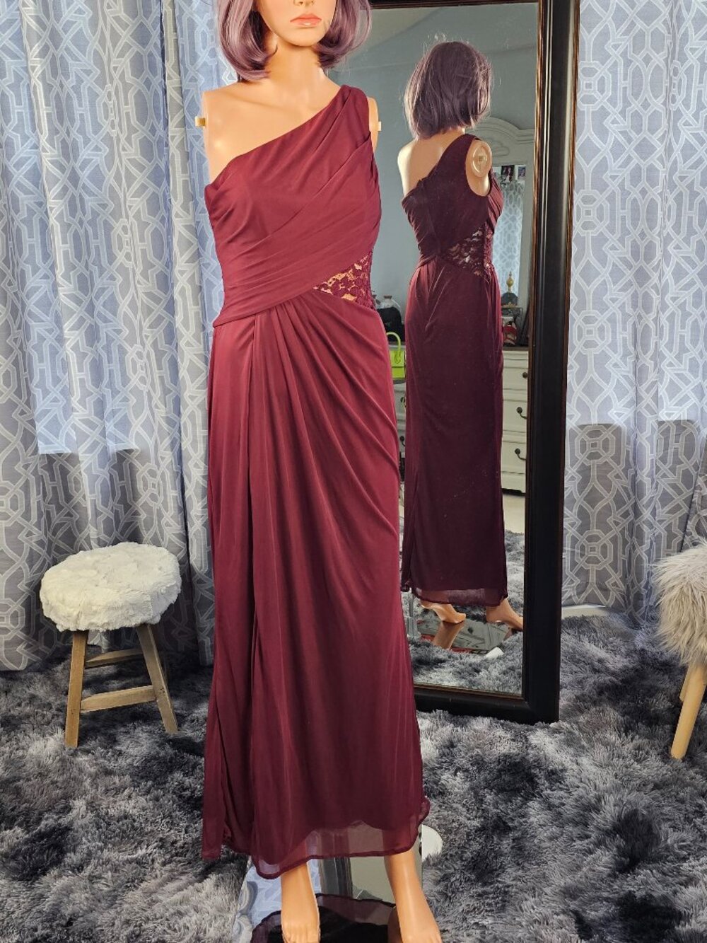 David’s Bridal Celebrate DB Studio One‑Shoulder Mesh Gown w/Lace Inset, Size 4